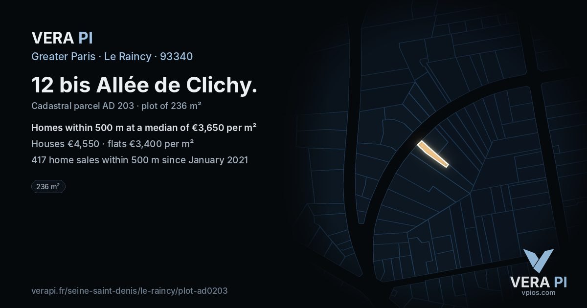 12 bis Allée de Clichy, Le Raincy at night – the plot lit, the parcels around coloured by the prices near them