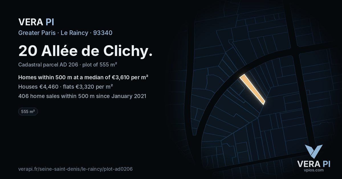 20 Allée de Clichy, Le Raincy at night – the plot lit, the parcels around coloured by the prices near them