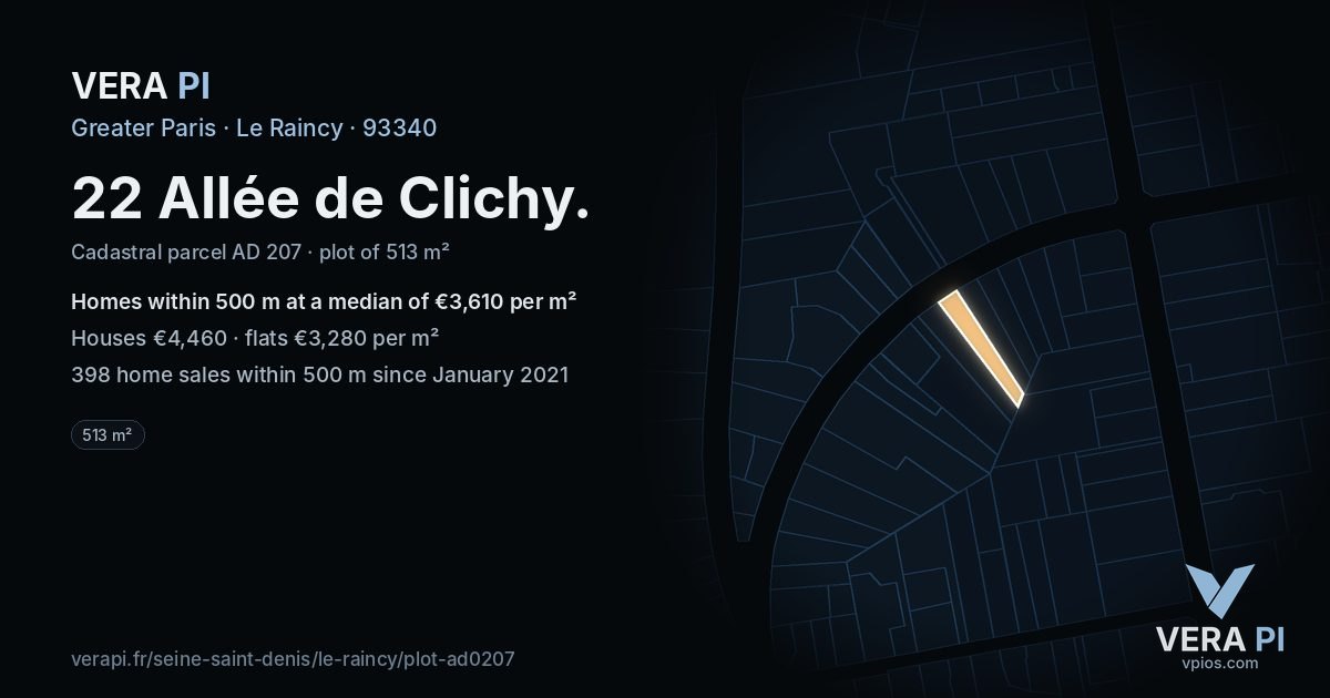 22 Allée de Clichy, Le Raincy at night – the plot lit, the parcels around coloured by the prices near them