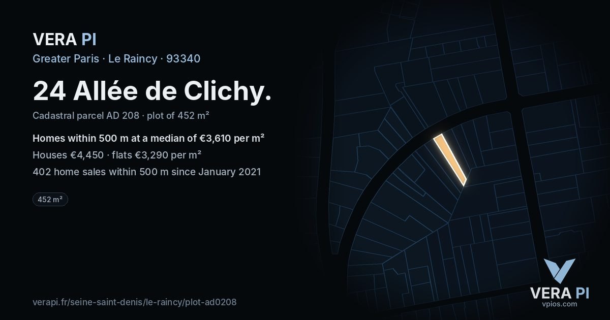 24 Allée de Clichy, Le Raincy at night – the plot lit, the parcels around coloured by the prices near them