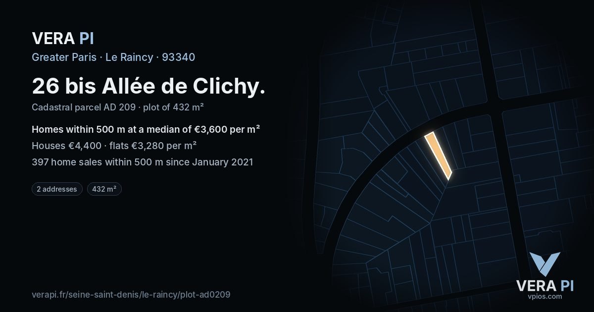 26 bis Allée de Clichy, Le Raincy at night – the plot lit, the parcels around coloured by the prices near them