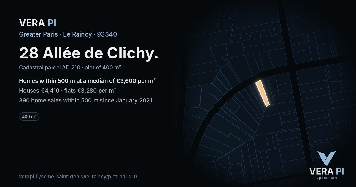 28 Allée de Clichy, Le Raincy at night – the plot lit, the parcels around coloured by the prices near them
