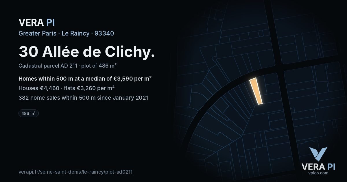 30 Allée de Clichy, Le Raincy at night – the plot lit, the parcels around coloured by the prices near them