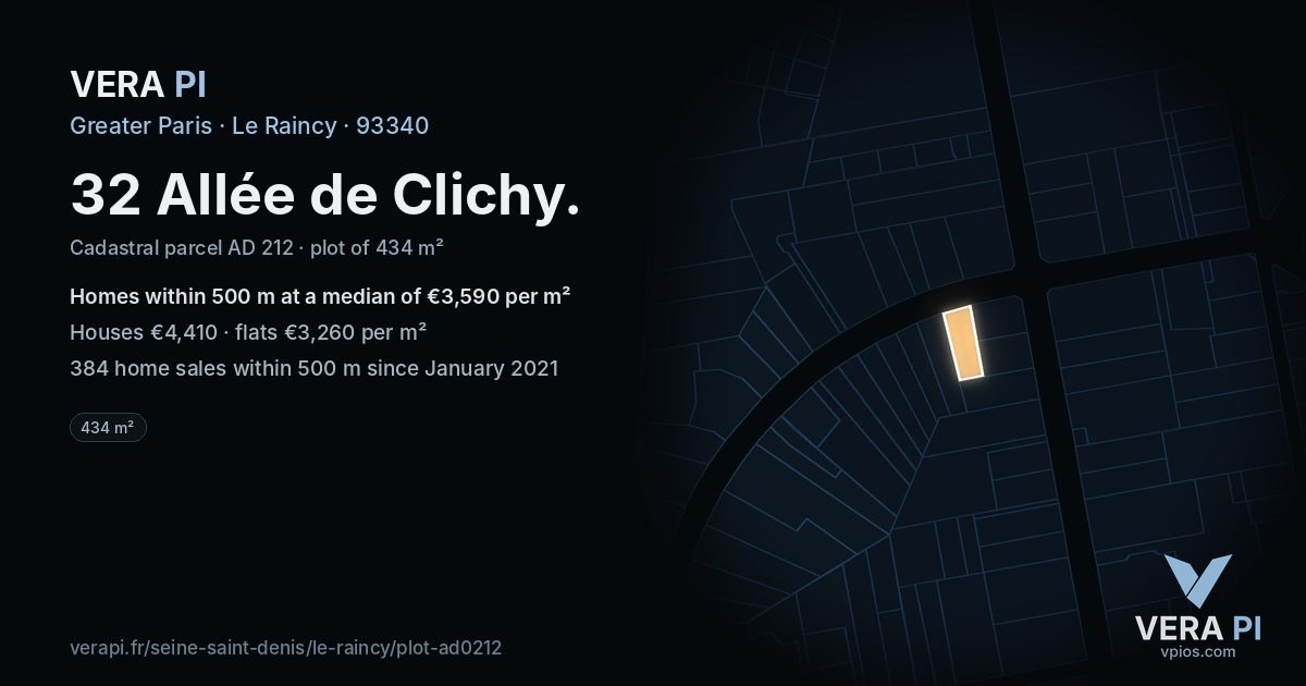 32 Allée de Clichy, Le Raincy at night – the plot lit, the parcels around coloured by the prices near them