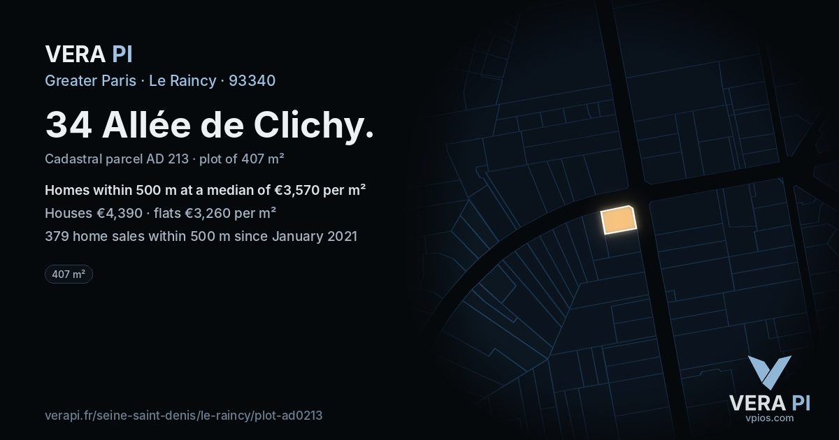 34 Allée de Clichy, Le Raincy at night – the plot lit, the parcels around coloured by the prices near them