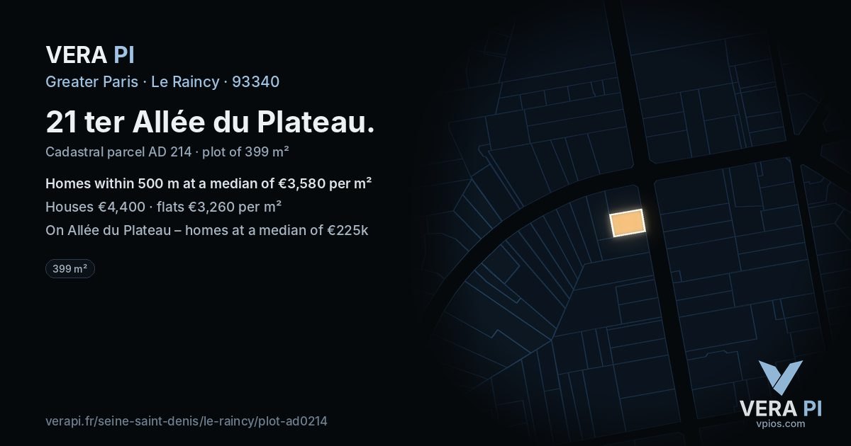 21 ter Allée du Plateau, Le Raincy at night – the plot lit, the parcels around coloured by the prices near them