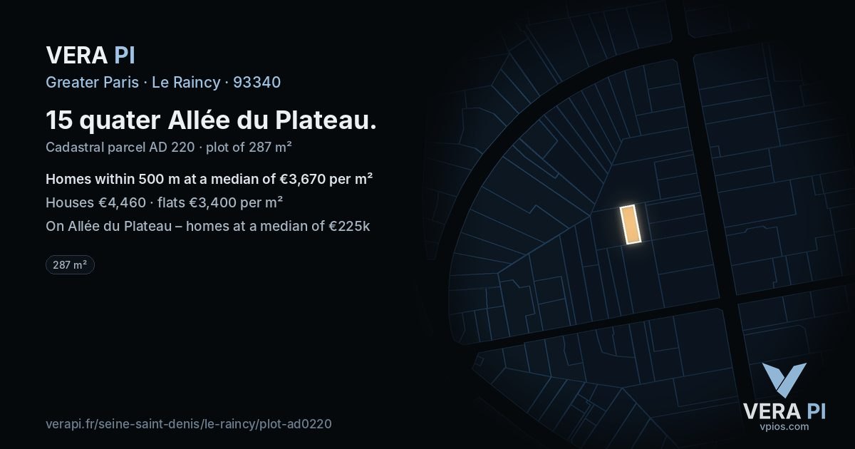 15 quater Allée du Plateau, Le Raincy at night – the plot lit, the parcels around coloured by the prices near them