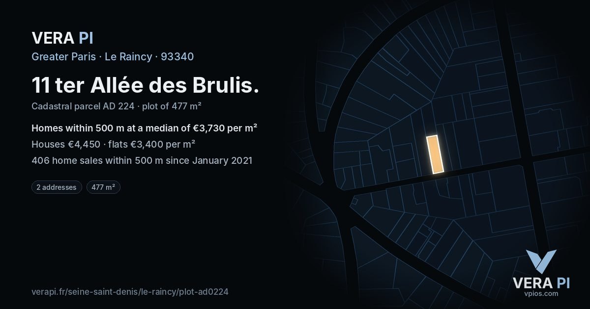 11 ter Allée des Brulis, Le Raincy at night – the plot lit, the parcels around coloured by the prices near them