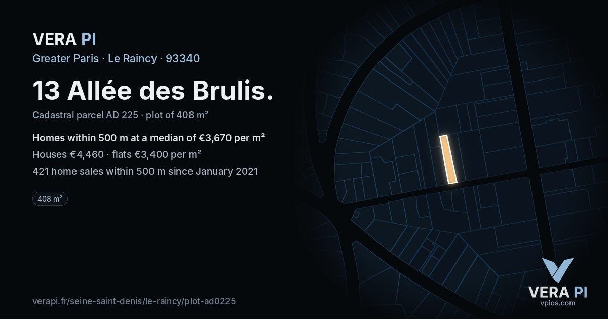 13 Allée des Brulis, Le Raincy at night – the plot lit, the parcels around coloured by the prices near them