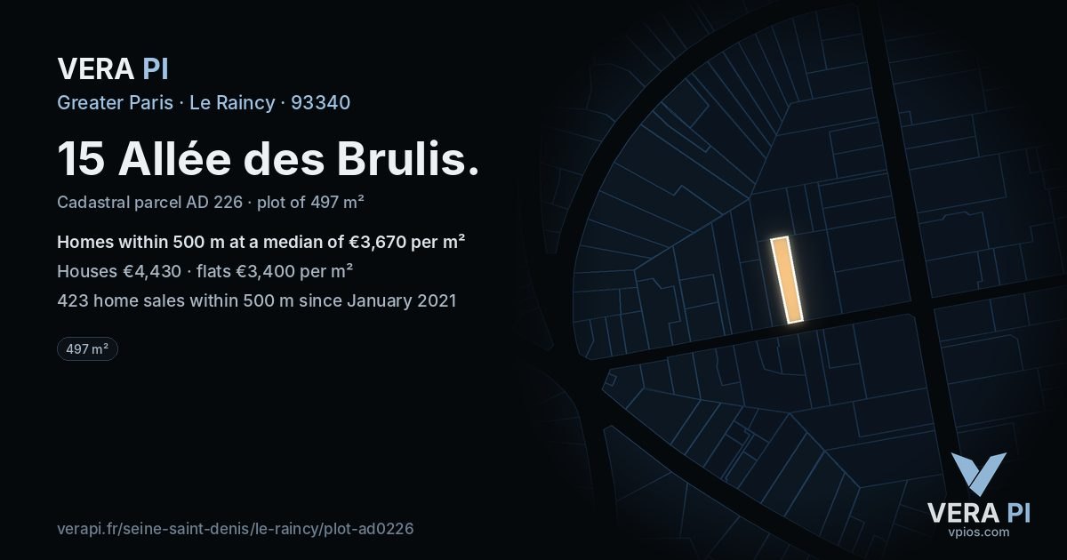 15 Allée des Brulis, Le Raincy at night – the plot lit, the parcels around coloured by the prices near them