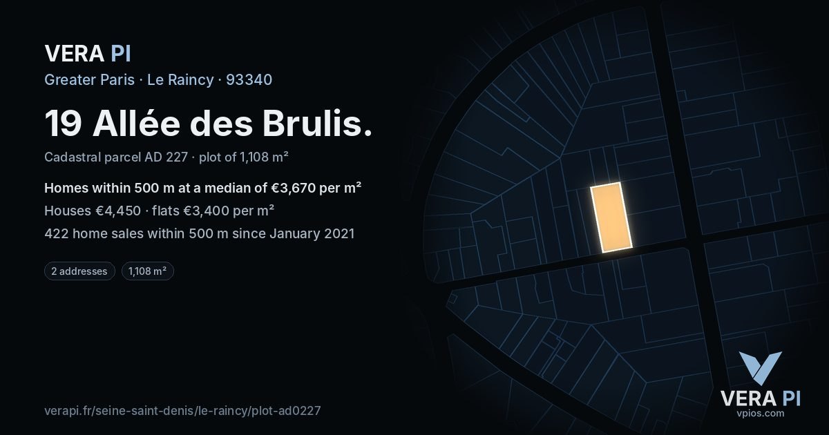19 Allée des Brulis, Le Raincy at night – the plot lit, the parcels around coloured by the prices near them