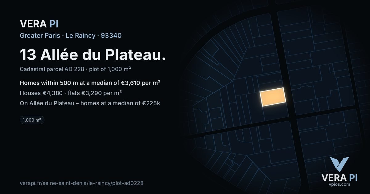 13 Allée du Plateau, Le Raincy at night – the plot lit, the parcels around coloured by the prices near them