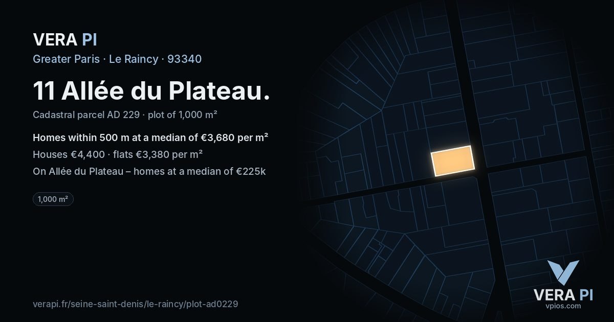 11 Allée du Plateau, Le Raincy at night – the plot lit, the parcels around coloured by the prices near them