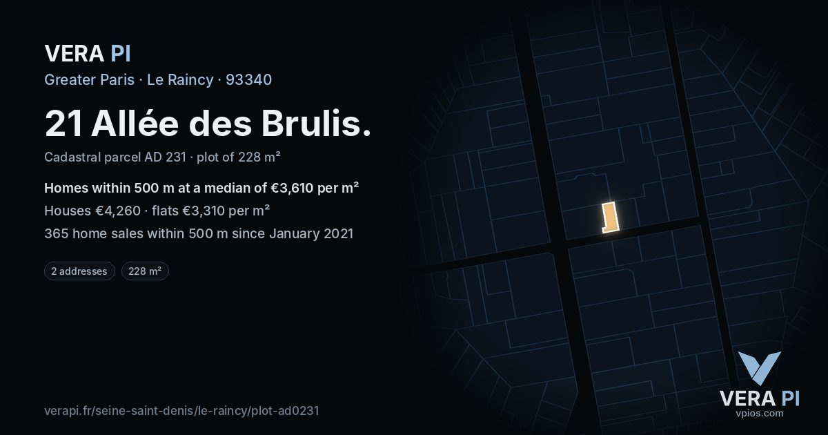 21 Allée des Brulis, Le Raincy at night – the plot lit, the parcels around coloured by the prices near them