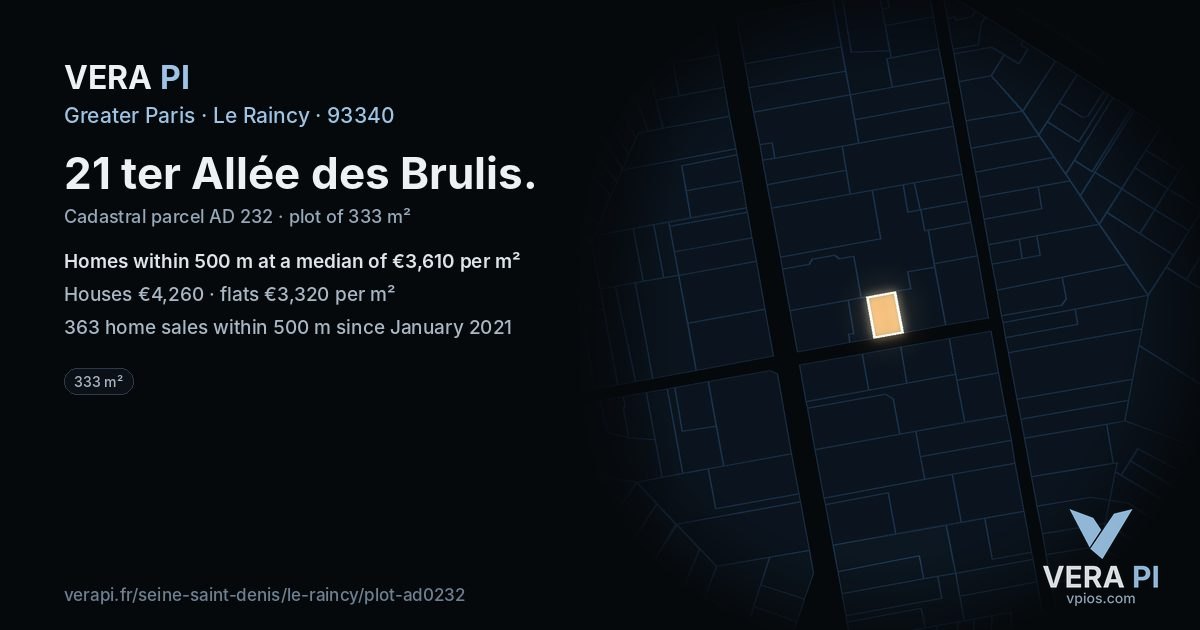 21 ter Allée des Brulis, Le Raincy at night – the plot lit, the parcels around coloured by the prices near them
