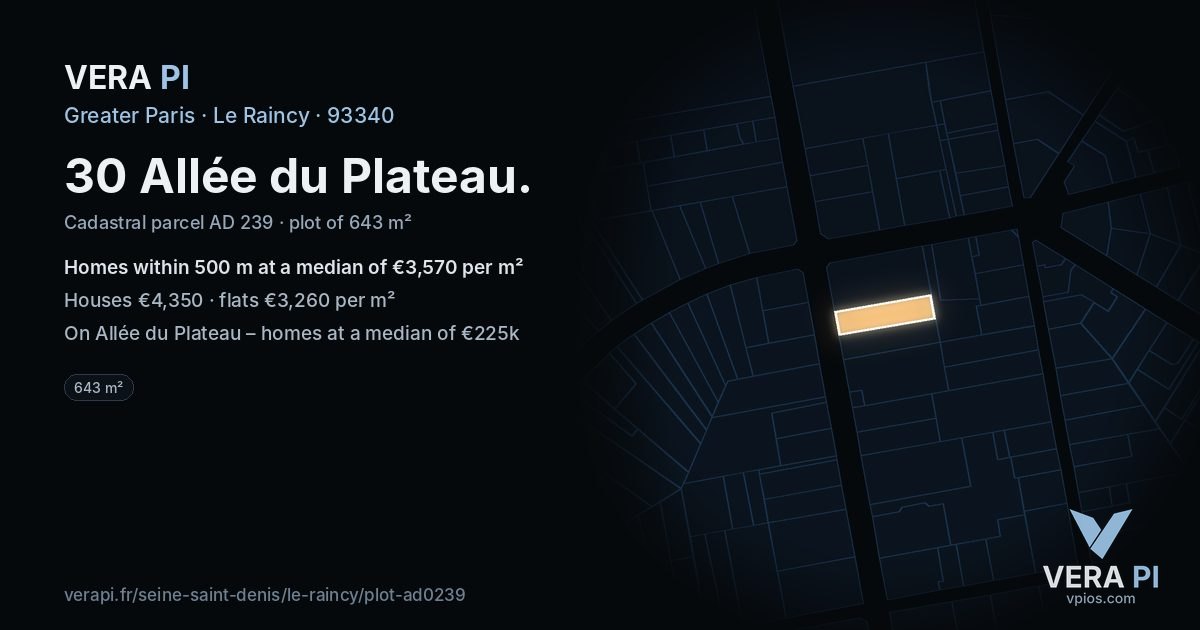 30 Allée du Plateau, Le Raincy at night – the plot lit, the parcels around coloured by the prices near them