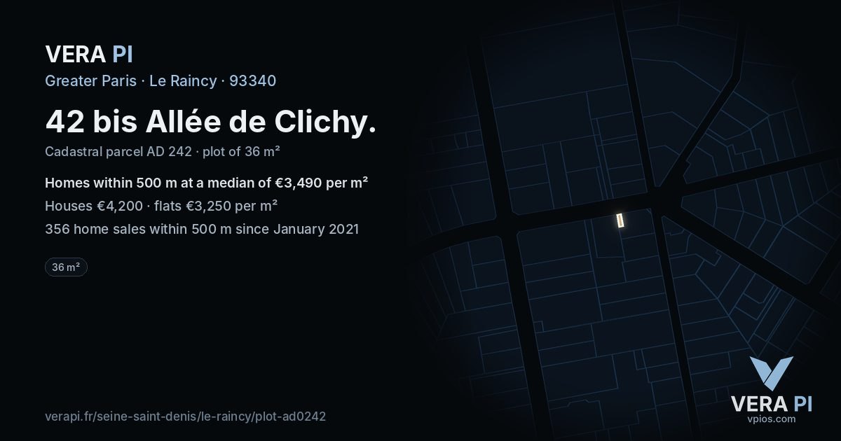 42 bis Allée de Clichy, Le Raincy at night – the plot lit, the parcels around coloured by the prices near them