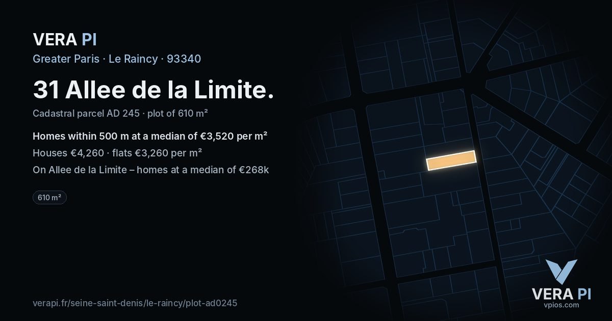 31 Allee de la Limite, Le Raincy at night – the plot lit, the parcels around coloured by the prices near them