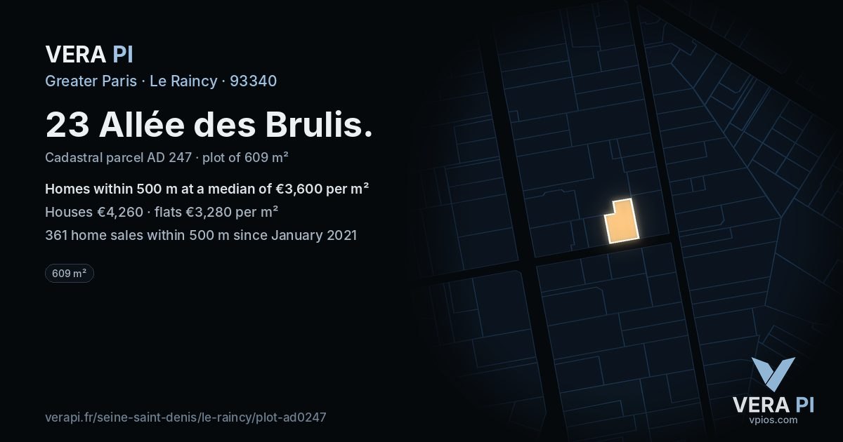 23 Allée des Brulis, Le Raincy at night – the plot lit, the parcels around coloured by the prices near them