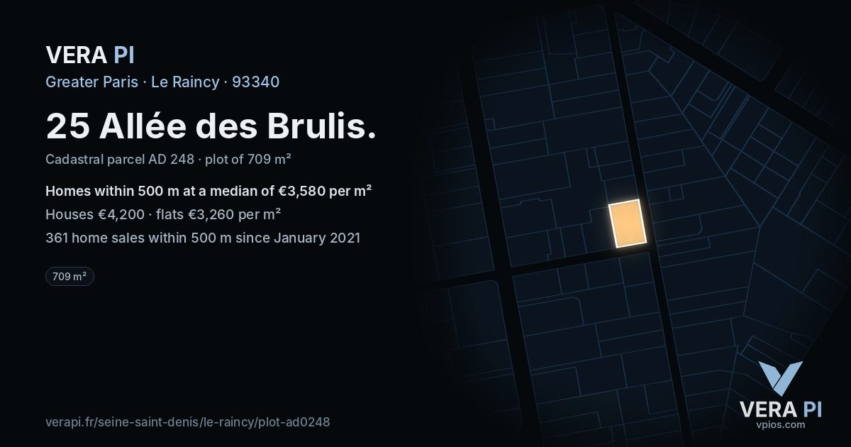 25 Allée des Brulis, Le Raincy at night – the plot lit, the parcels around coloured by the prices near them