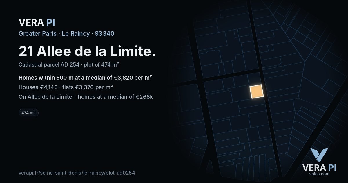 21 Allee de la Limite, Le Raincy at night – the plot lit, the parcels around coloured by the prices near them