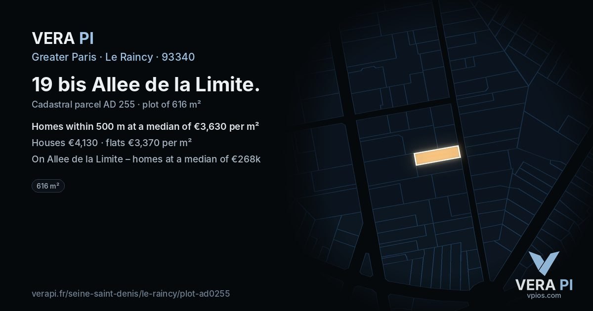 19 bis Allee de la Limite, Le Raincy at night – the plot lit, the parcels around coloured by the prices near them
