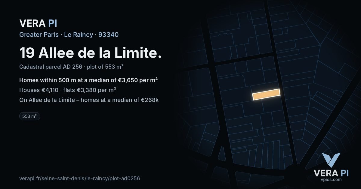 19 Allee de la Limite, Le Raincy at night – the plot lit, the parcels around coloured by the prices near them