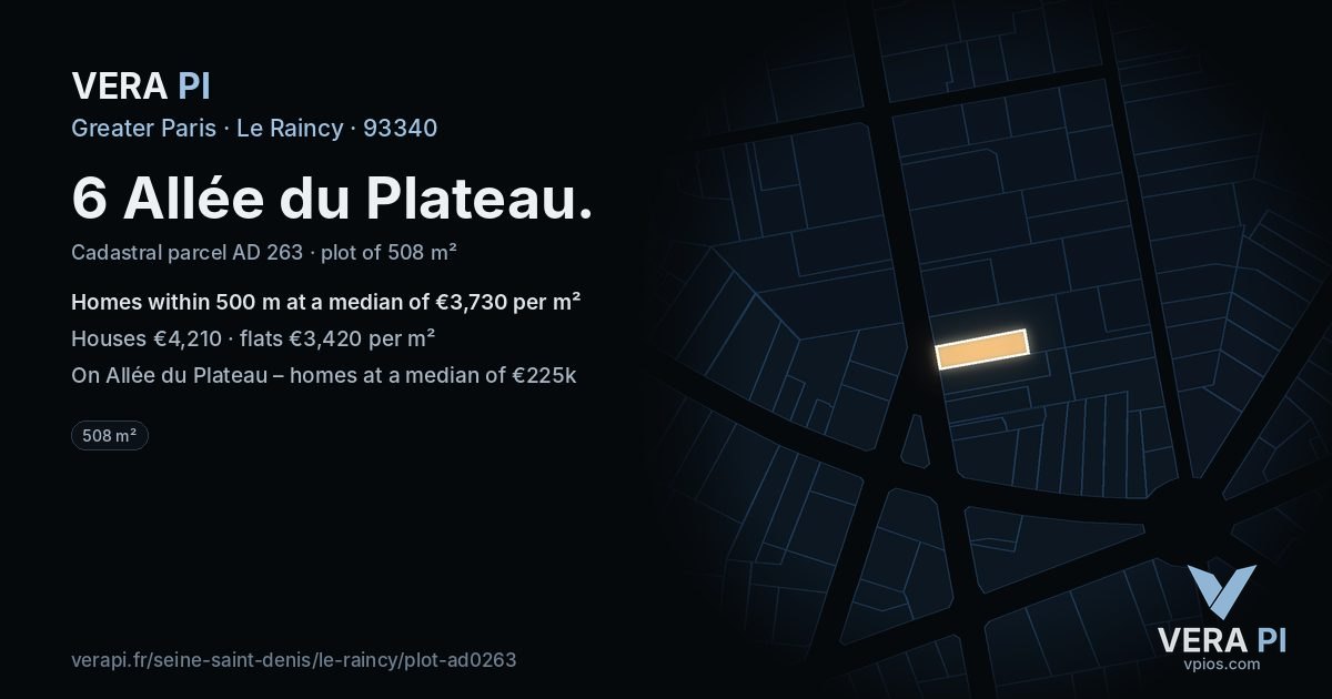 6 Allée du Plateau, Le Raincy at night – the plot lit, the parcels around coloured by the prices near them