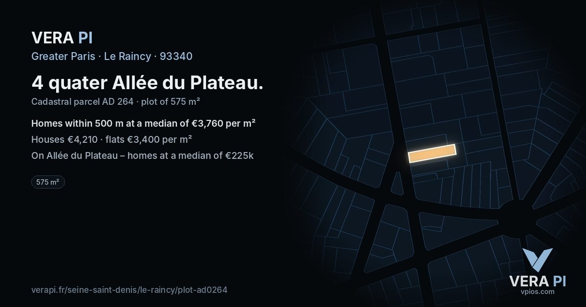 4 quater Allée du Plateau, Le Raincy at night – the plot lit, the parcels around coloured by the prices near them