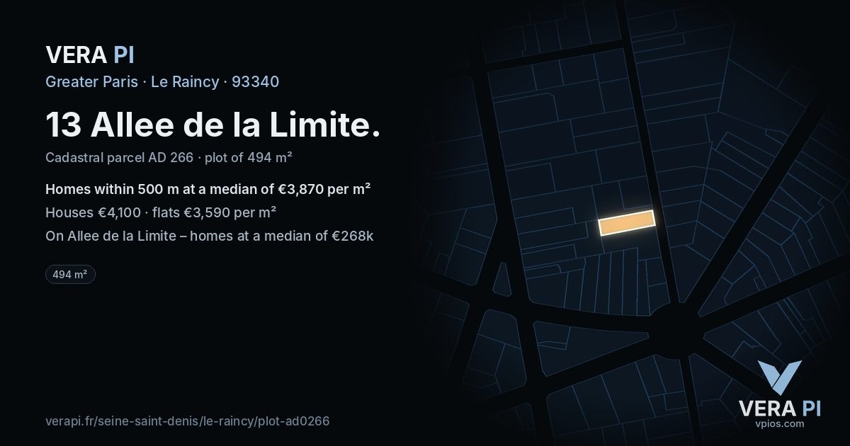 13 Allee de la Limite, Le Raincy at night – the plot lit, the parcels around coloured by the prices near them