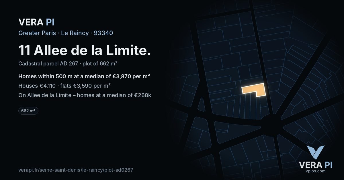 11 Allee de la Limite, Le Raincy at night – the plot lit, the parcels around coloured by the prices near them