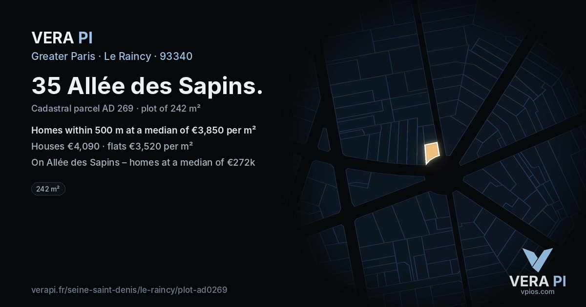 35 Allée des Sapins, Le Raincy at night – the plot lit, the parcels around coloured by the prices near them