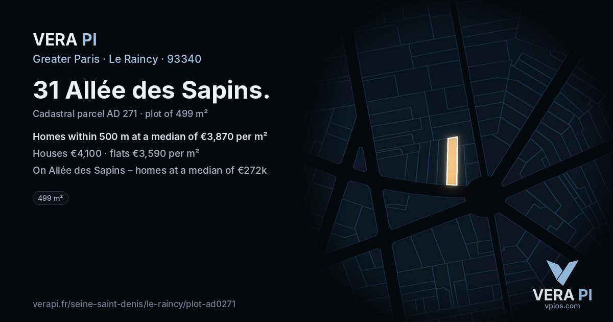 31 Allée des Sapins, Le Raincy at night – the plot lit, the parcels around coloured by the prices near them