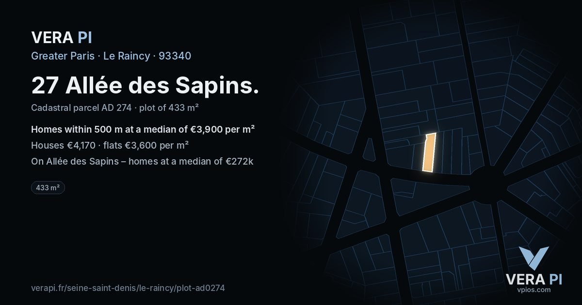 27 Allée des Sapins, Le Raincy at night – the plot lit, the parcels around coloured by the prices near them