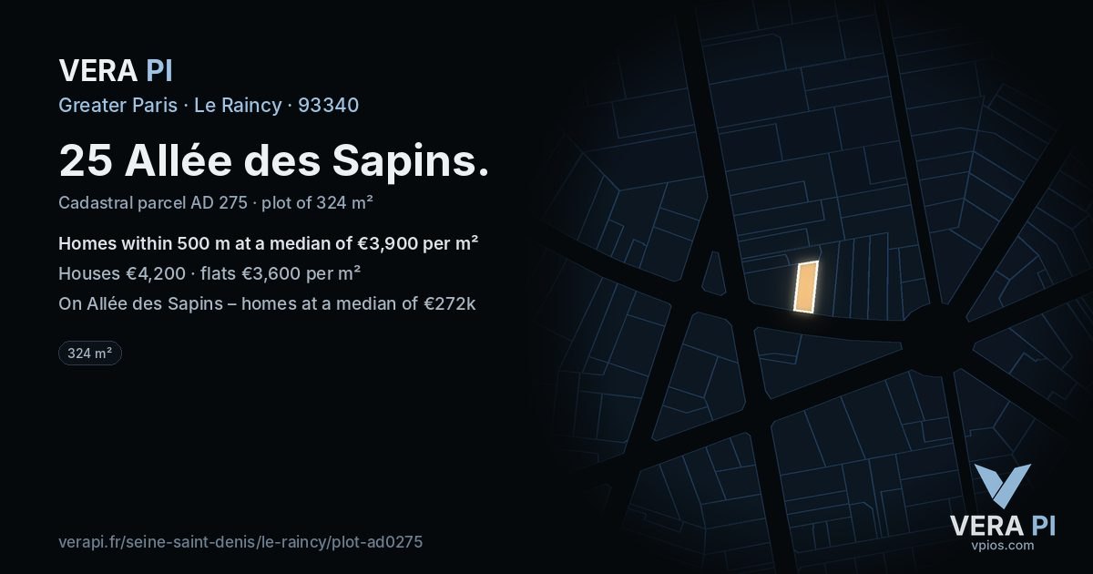 25 Allée des Sapins, Le Raincy at night – the plot lit, the parcels around coloured by the prices near them