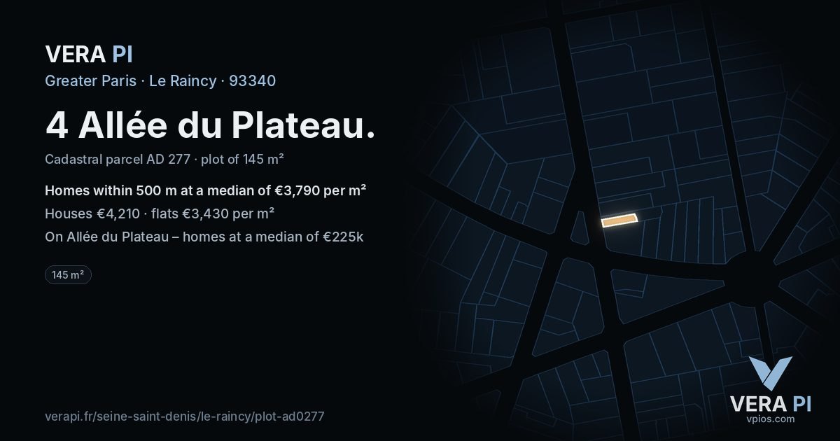 4 Allée du Plateau, Le Raincy at night – the plot lit, the parcels around coloured by the prices near them