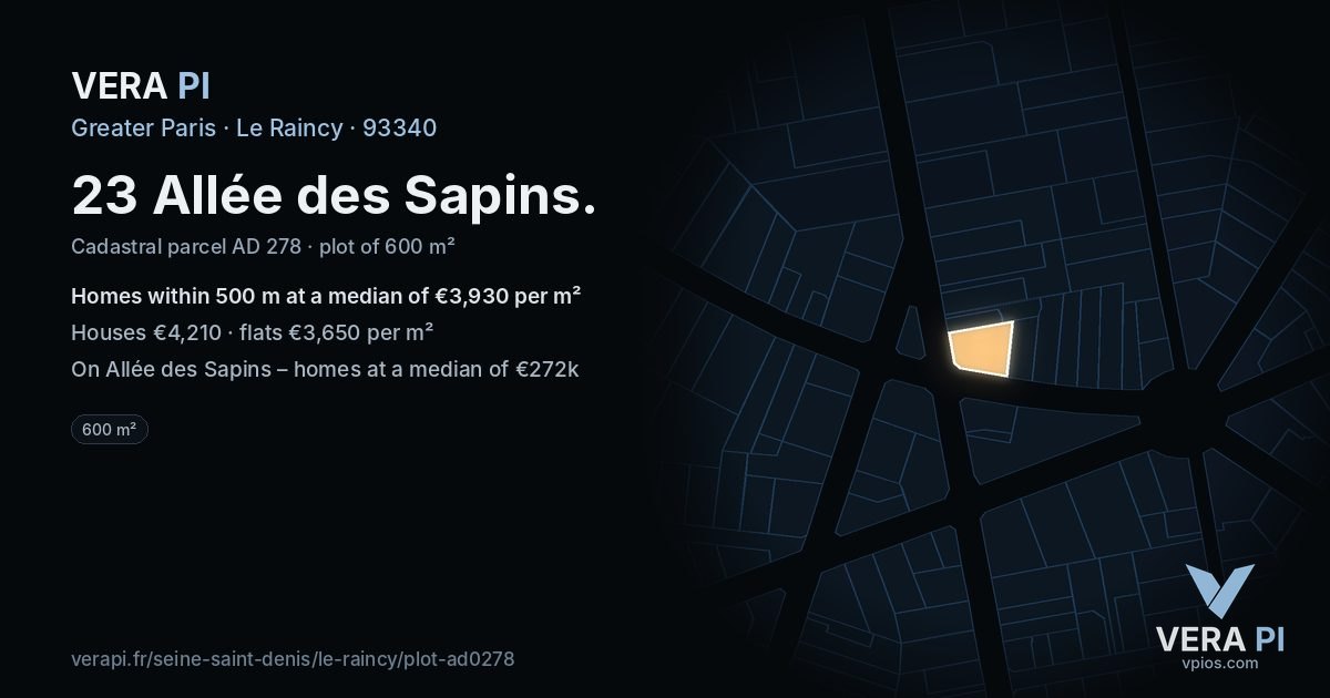 23 Allée des Sapins, Le Raincy at night – the plot lit, the parcels around coloured by the prices near them