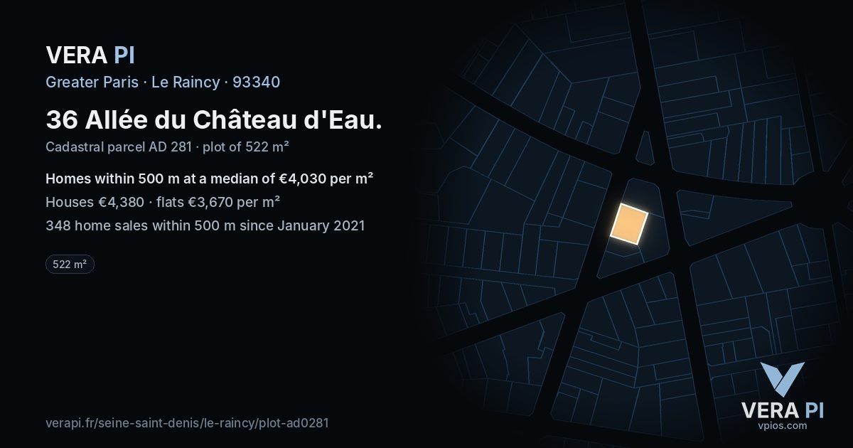 36 Allée du Château d'Eau, Le Raincy at night – the plot lit, the parcels around coloured by the prices near them