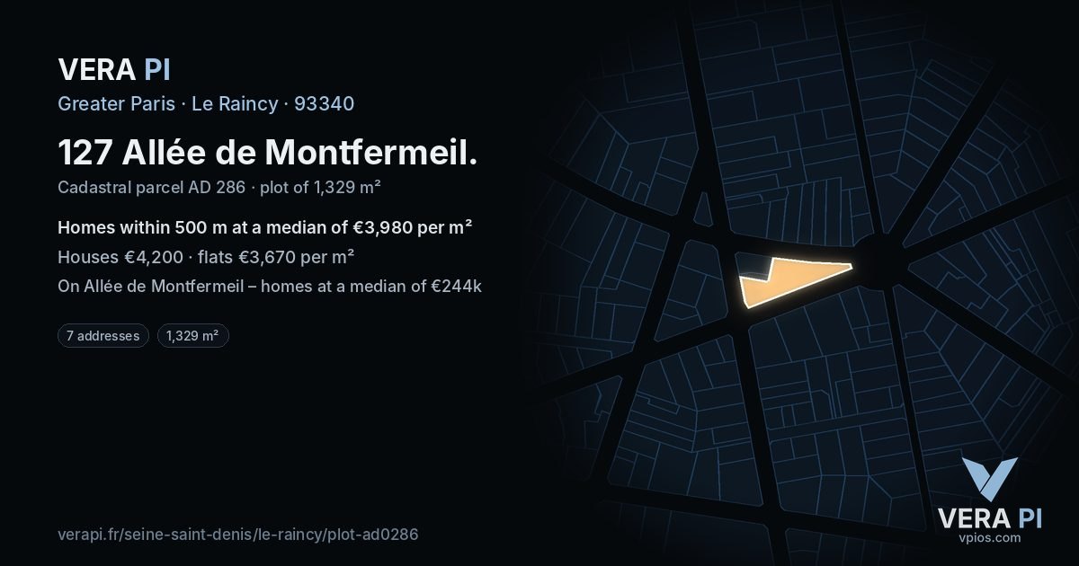 127 Allée de Montfermeil, Le Raincy at night – the plot lit, the parcels around coloured by the prices near them