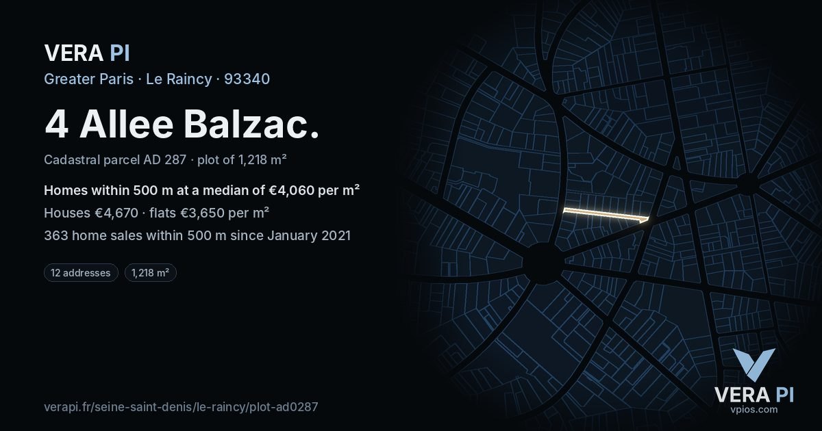 4 Allee Balzac, Le Raincy at night – the plot lit, the parcels around coloured by the prices near them