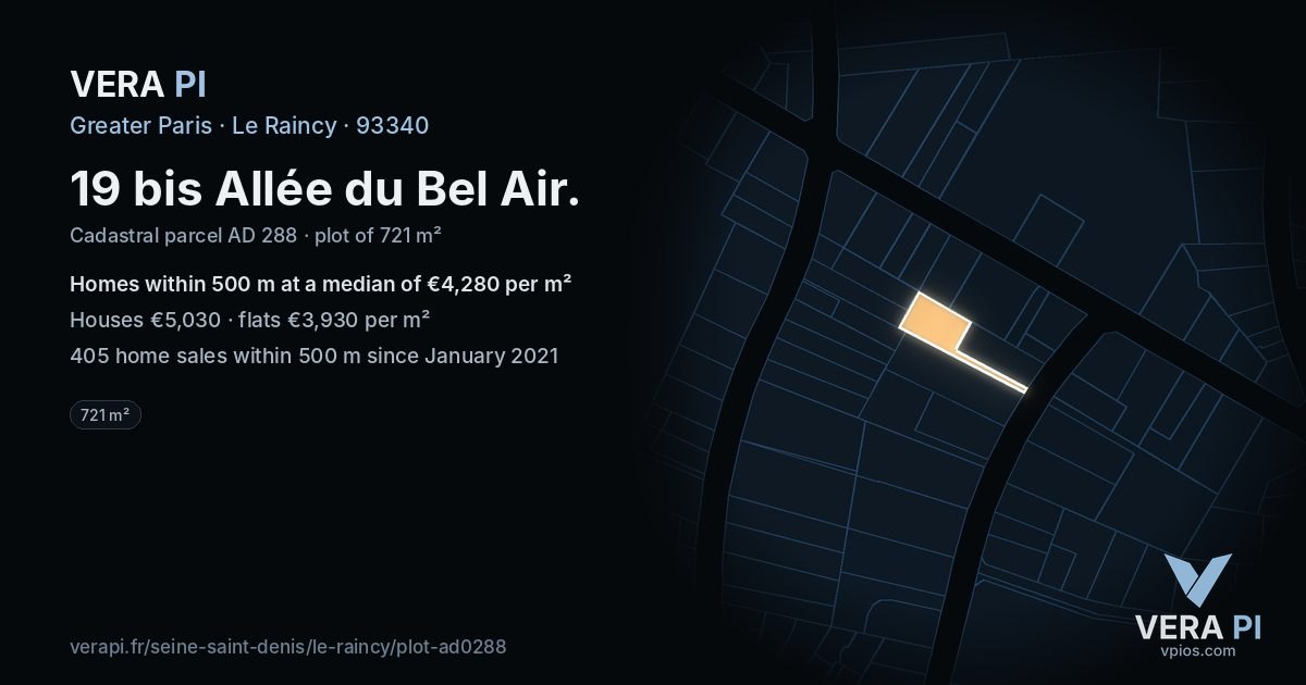 19 bis Allée du Bel Air, Le Raincy at night – the plot lit, the parcels around coloured by the prices near them