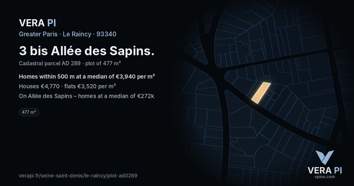 3 bis Allée des Sapins, Le Raincy at night – the plot lit, the parcels around coloured by the prices near them
