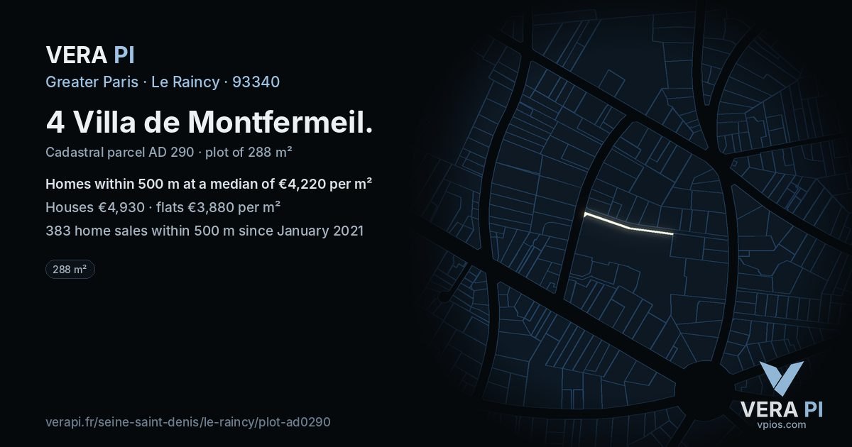 4 Villa de Montfermeil, Le Raincy at night – the plot lit, the parcels around coloured by the prices near them