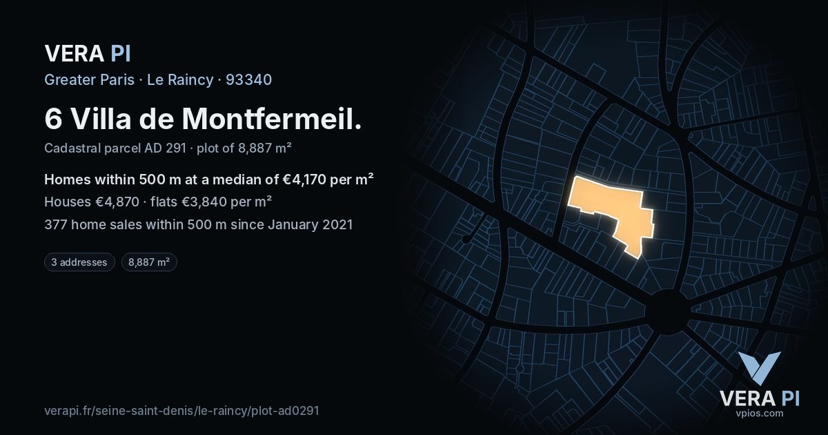 6 Villa de Montfermeil, Le Raincy at night – the plot lit, the parcels around coloured by the prices near them