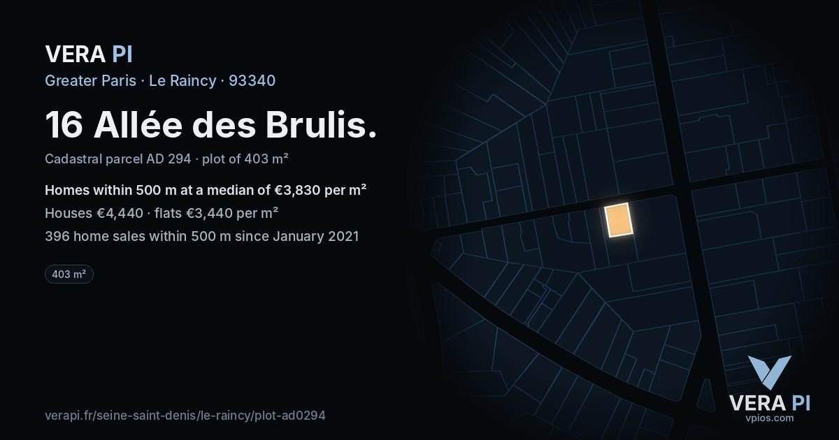 16 Allée des Brulis, Le Raincy at night – the plot lit, the parcels around coloured by the prices near them