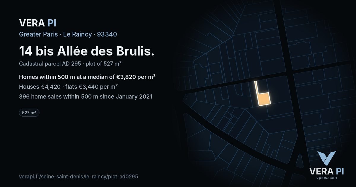 14 bis Allée des Brulis, Le Raincy at night – the plot lit, the parcels around coloured by the prices near them