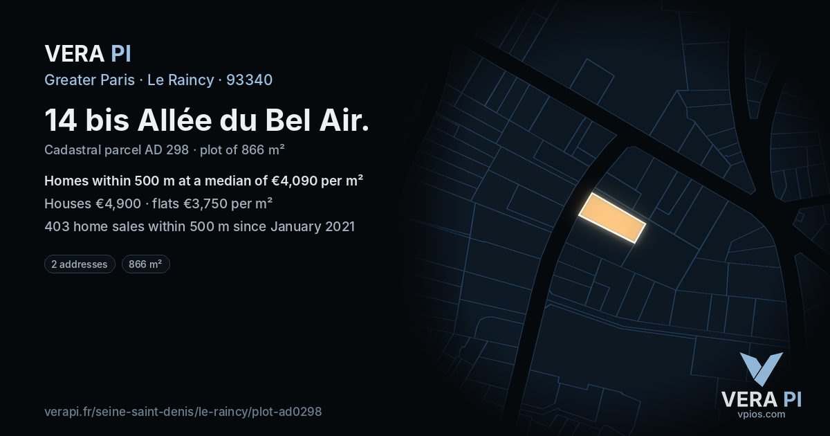14 bis Allée du Bel Air, Le Raincy at night – the plot lit, the parcels around coloured by the prices near them