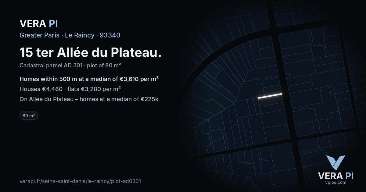 15 ter Allée du Plateau, Le Raincy at night – the plot lit, the parcels around coloured by the prices near them