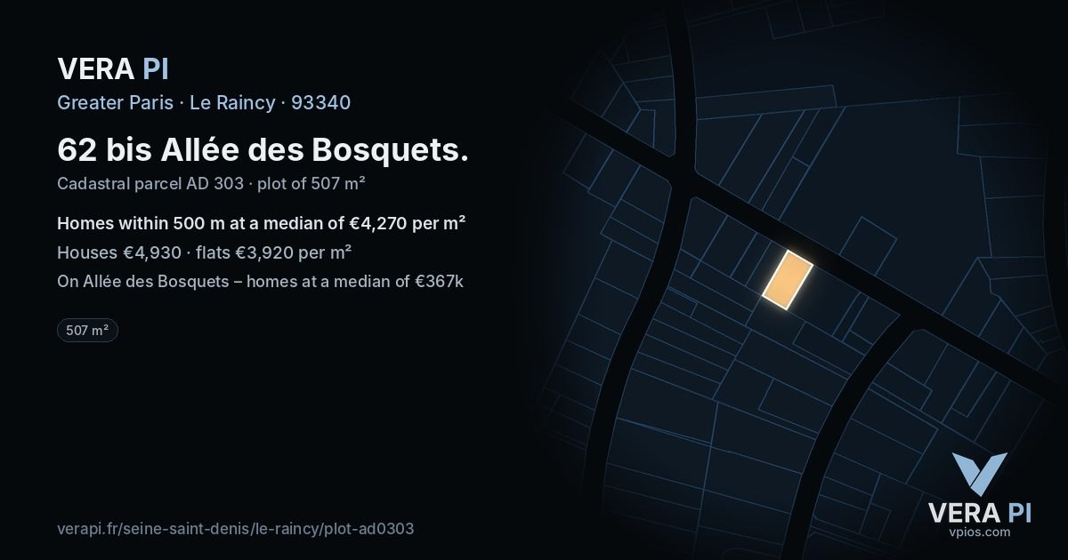 62 bis Allée des Bosquets, Le Raincy at night – the plot lit, the parcels around coloured by the prices near them