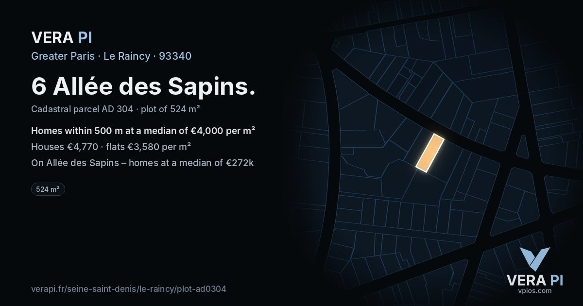 6 Allée des Sapins, Le Raincy at night – the plot lit, the parcels around coloured by the prices near them